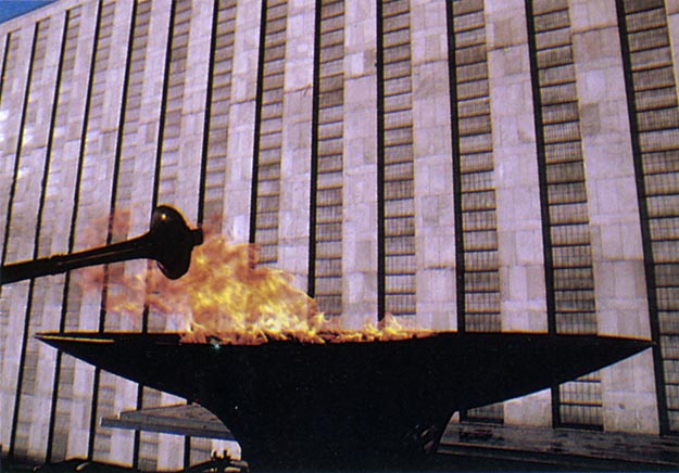 Torch lit from cauldron at UN Opening Ceremony. New York City, USA