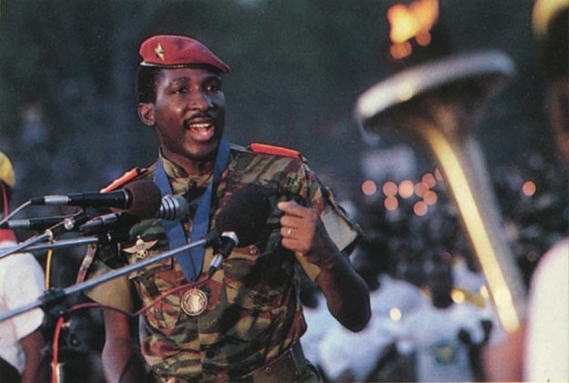 Before a crowd of 80,000 people, President of Burkina Faso, Thomas Sankara was honored with a medal for his contribution to community development. He delivered a speech highlighting the role of women and children in creating peace.