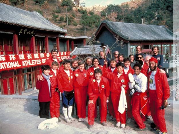 First Earth Run global team at the foot of the Great Wall of China.