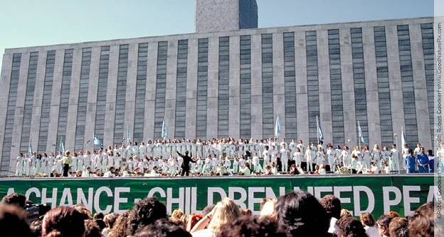 Children singing at opening ceremony at United Nations attended by 20,000 people with the participation of many celebrities. New York City, USA