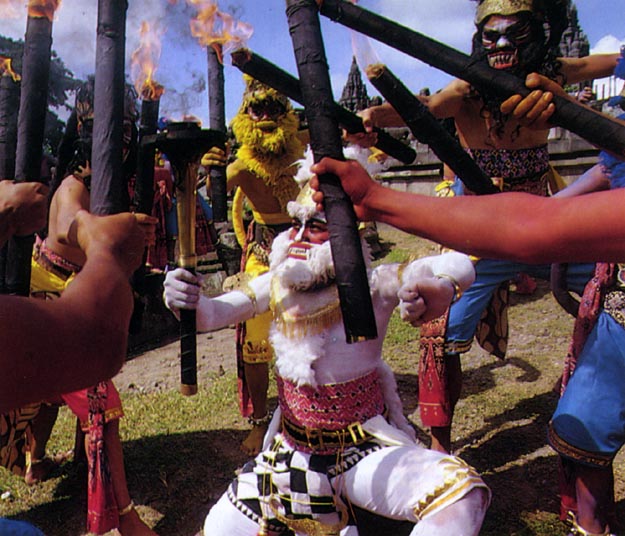 Torch used as part of celebration at Temple of Prambanam enacting ancient Hindu Ramayama epic. Jakarta, Indonesia