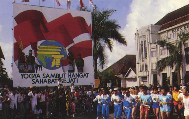 Some of the millions of Indonesians that lined the streets for over 1,500 kilometers as the flame traversed the country from Java to Bali. Indonesia