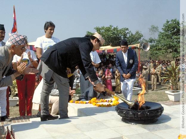 Prince Gyanendra lights an eternal flame at birth place of the Buddha. Lumbini, Nepal