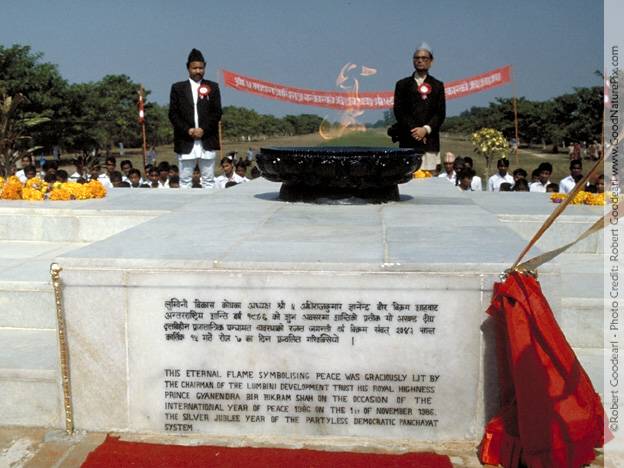 Inscription describing the installation of an eternal peace flame at the pilgrimage site of Buddha's birth place. Lumbini, Nepal