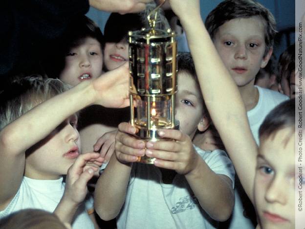 Young gymnasts with miner's lamp containing the peace flame. Moscow, Russia