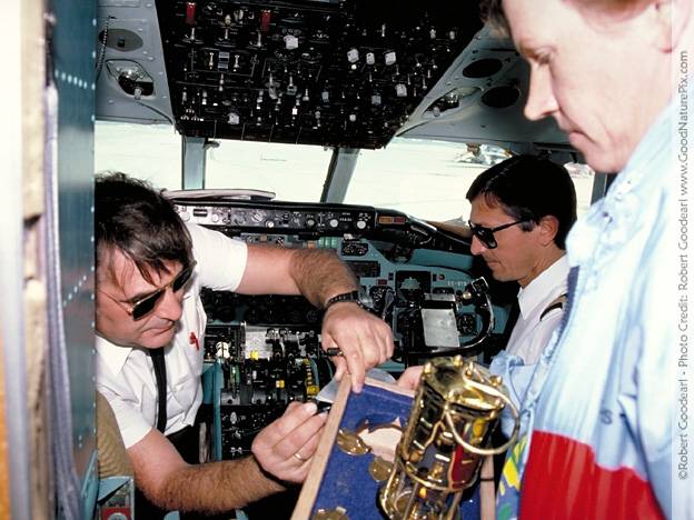 Airline pilot signing miner’s lamp box containing peace flame transported on plane.
