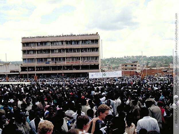 Thousands gather along route to greet the torch. Kampala, Uganda